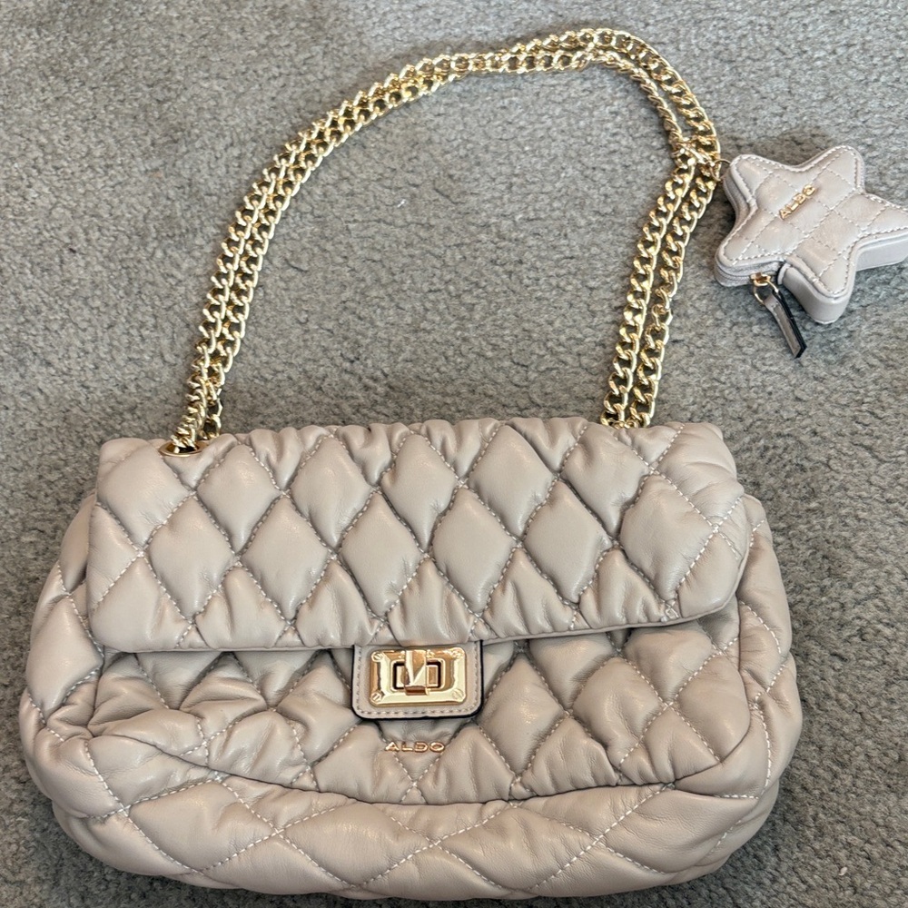 Aldo Beige Quilted Chain Shoulder Bag